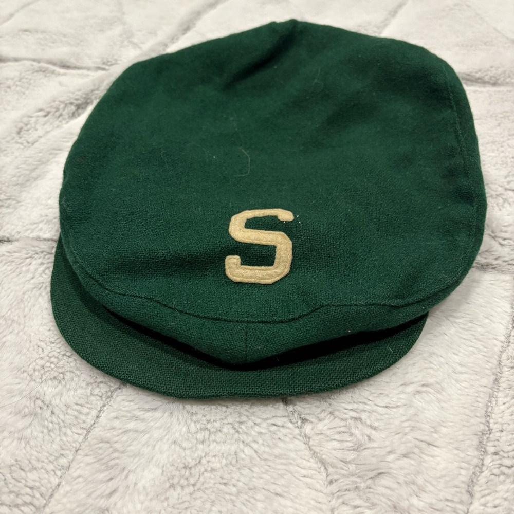 Vintage Flat Cap S/M Size 7 Cabbie Newsboy Mens Green Embroidered Mi State